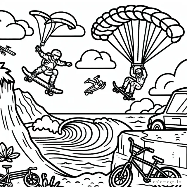 Imaginez une scène où un skateur exécute un saut périlleux au-dessus d'une falaise, tandis qu'un surfeur surf tranquillement sur de grosses vagues. En altitude, un parachutiste est en free-fall. Un vélo de montagne est posé sur une colline et à côté une rampe de BMX.