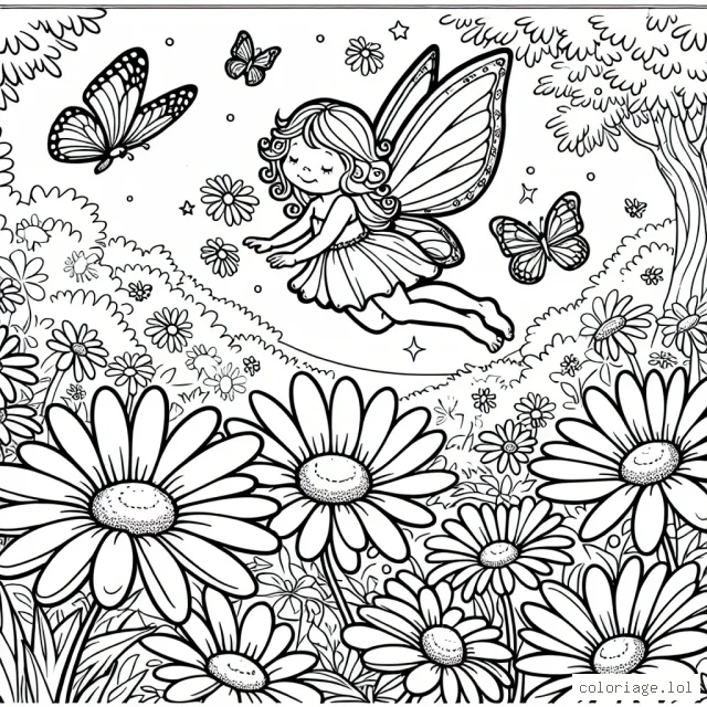 Un paysage féerique mettant en scène une petite fée volant parmi les marguerites et les papillons dans un jardin magique et luxuriant.