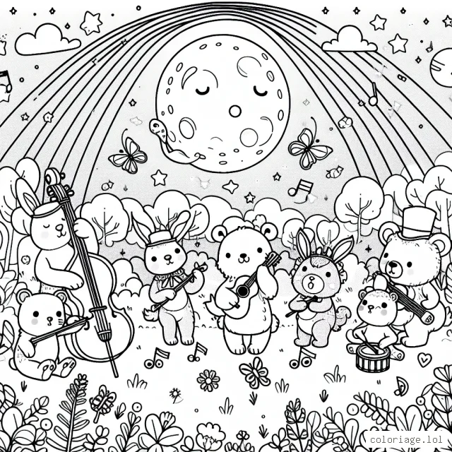 Dans un monde fantastique peuplé de créatures merveilleuses, un groupe d'animaux musiciens se prépare pour un grand concert sous l'éclat de la pleine lune.
