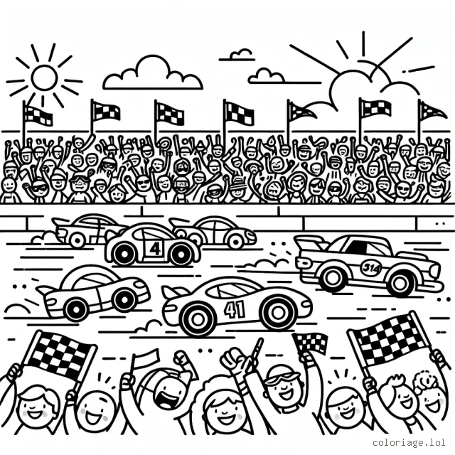 Imagine une grande course de voitures colorées avec plusieurs voitures de différentes formes et tailles. Dans le public, il y a une foule excitée avec des drapeaux à la main. Le ciel est ensoleillé avec quelques nuages.