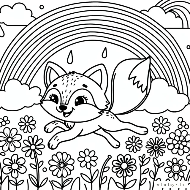 Un petit renard rieur courant dans un champ de fleurs colorées sous un arc-en-ciel lumineux.