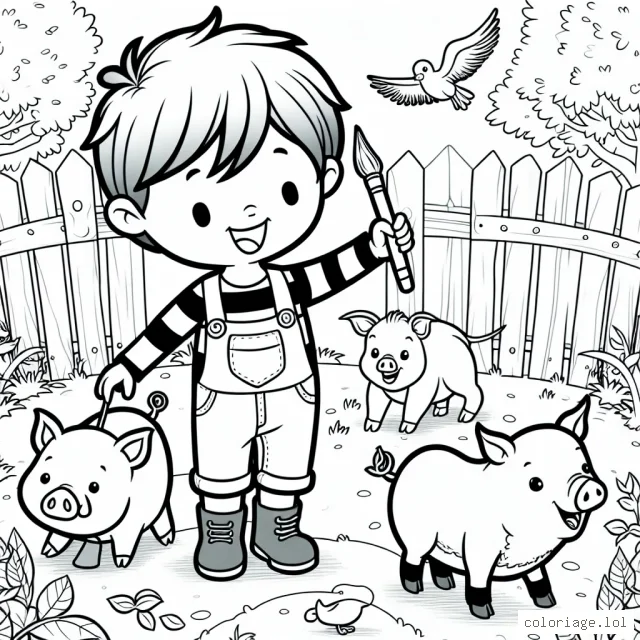 Un petit garçon marcassin s'amuse dans le jardin avec ses amis animaux