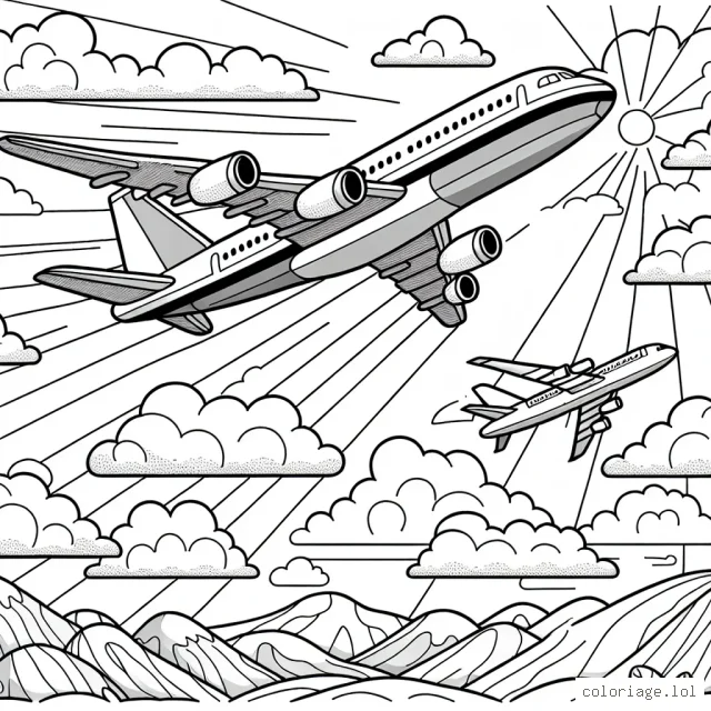 De gros avions à réaction déploient leurs ailes dans le ciel. Illustre ces merveilles volantes avec de belles couleurs vives!