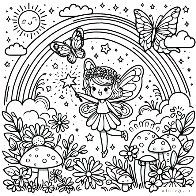 Dans une clairière enchantée, une petite fée virevolte au milieu des fleurs, des papillons et des champignons. Elle tient une baguette magique qui s'illumine. Des étoiles s'échappent de sa baguette. Se trouve aussi sur la scène, un arc-en-ciel en fond avec des nuages et le soleil souriant.
