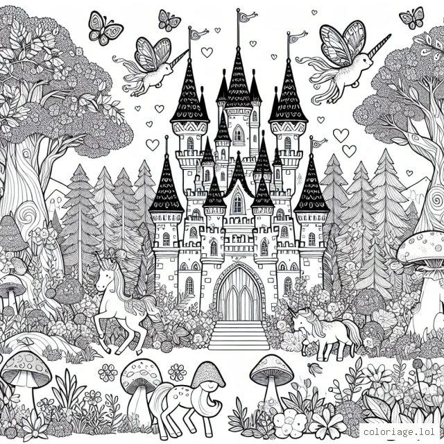 Un château fantastique au milieu d'une forêt enchantée avec des créatures merveilleuses