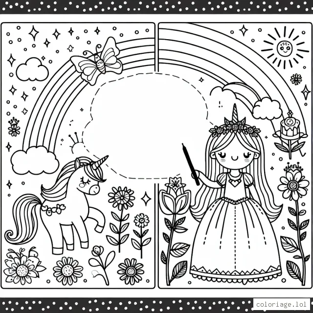 Un après-midi féerique dans le royaume des licornes : une princesse, des fleurs, un arc-en-ciel et une licorne