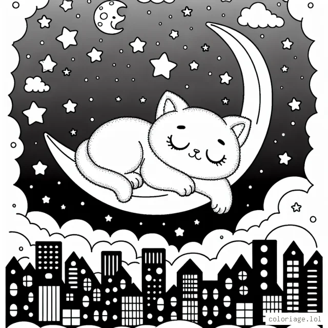 Dessine un adorable chaton endormi sur une lune flottante au-dessus d'une ville nocturne