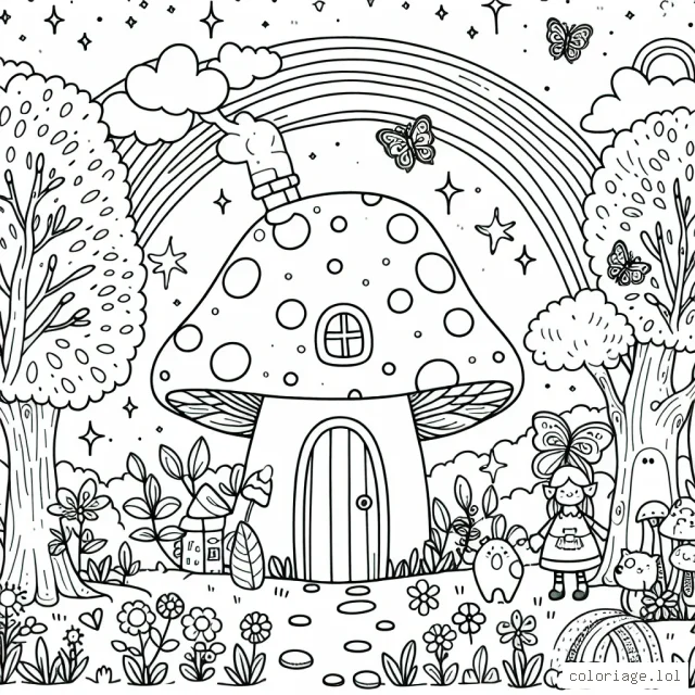 Dans une foret enchantée peuplée de fées amicales et d'animaux parlants, une petite maison en forme de champignon se dresse fierement. Dessinez ceci en ajoutant des détails comme des lumières scintillantes, des arbres aux formes imaginaires et des arcs-en-ciel dans le ciel.