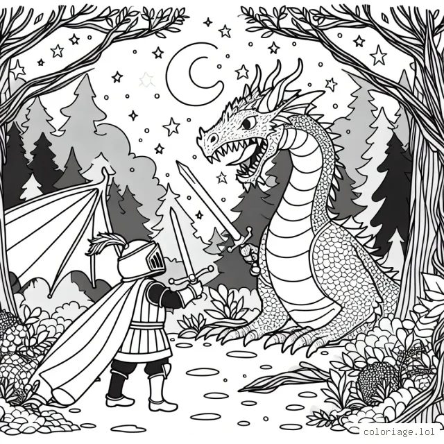 Un jeune garçon vêtu de son plus beau costume de chevalier, affrontant un puissant dragon dans une forêt enchantée, avec un ciel étoilé en fond.