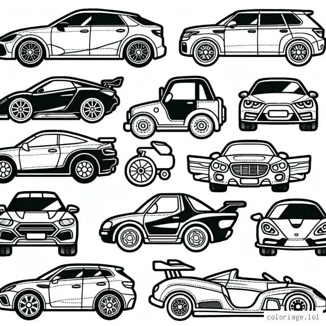 Dessine une variété de voitures différentes par marque, y compris une Ferrari, un Land Rover, une Audi, une BMW et une Mercedes.