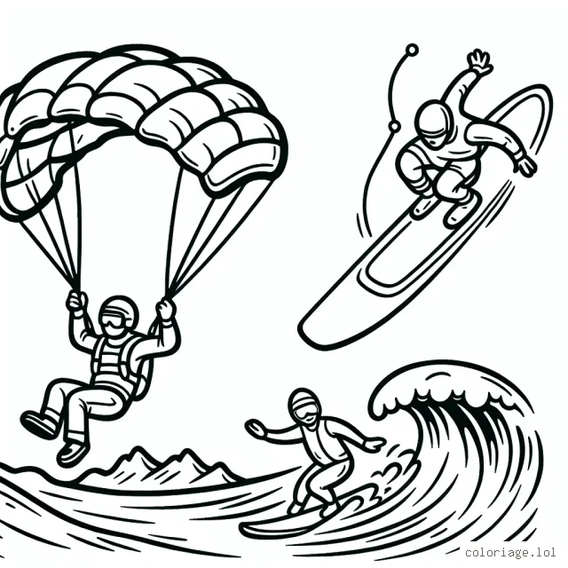 Dessine un parachutiste en pleine descente, un surfeur chevauchant une immense vague et un skieur exécutant un saut périlleux audacieux.