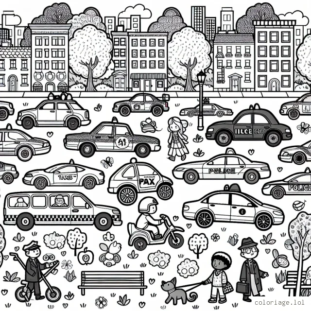 Un parc coloré plein de différentes sortes de voitures. Il y a des voitures de sport, des voitures familiales, des camions, des taxis, des véhicules de police et de pompiers, et même des voitures anciennes. Toutes ces voitures sont garées à côté les unes des autres ou circulent sur les routes. Il y a également des arbres, des fleurs, des bâtiments et des personnes autour.