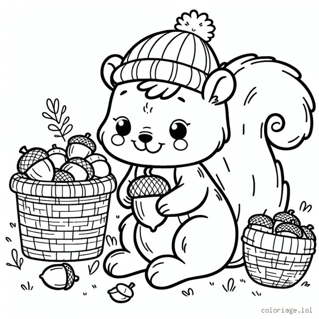 Un petit écureuil joyeux se prépare pour l'hiver en rangeant ses noisettes.