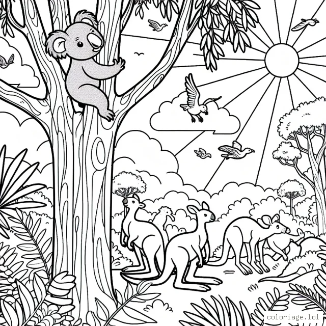 Un petit koala grimpe sur un grand arbre d'eucalyptus dans une jungle luxuriante ensoleillée, les kangourous sautent joyeusement autour et divers oiseaux exotiques volent dans le ciel.