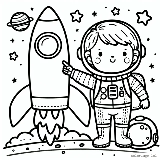 Un petit garçon vêt d'une combinaison spatiale se tient fièrement devant sa fusée, prêt à départ pour une mission spéciale dans l'espace. Il a un casque sous son bras, et par terre, on voit des étoiles, des planètes et des galaxies.
