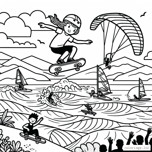 Imaginez un paysage de sports extrêmes où divers athlètes effectuent des acrobaties passionnantes. Cela inclut un skateboarder au premier plan effectuant une pirouette en l'air, un véliplanchiste au loin naviguant sur des vagues, et un parachutiste glissant gracieusement dans le ciel. Dans le cinquième plan, vous pouvez ajouter des spectateurs émerveillés par ces prouesses.