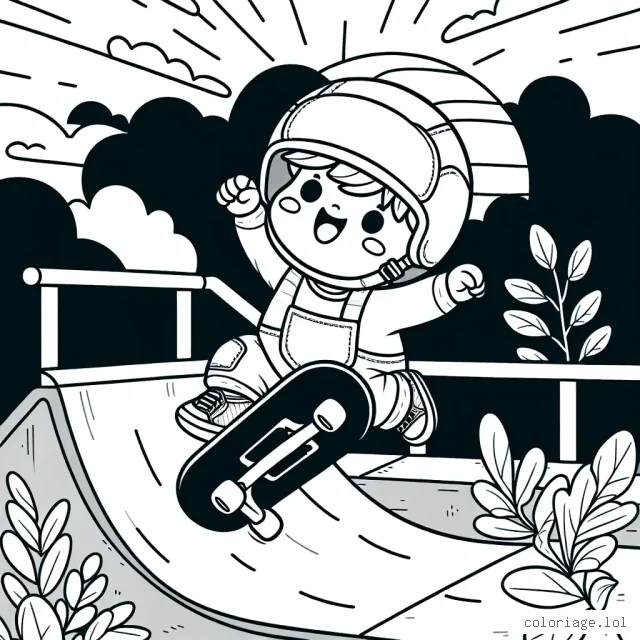 Dessine un skateboarder en pleine exhibition sur une rampe half-pipe. Il porte son équipement de sécurité et le soleil se couche en arrière-plan.