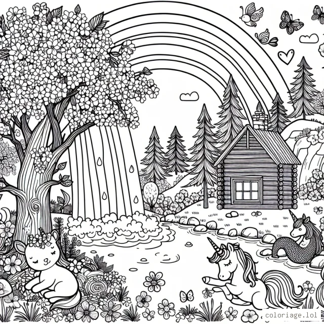 Imagine un paysage enchanté avec des cerisiers en fleurs, un arc-en-ciel brillant, une cascade scintillante, des animaux magiques comme des licornes, des lapins sautants et des oiseaux mystiques. Dessine un petit chalet en bois au pied des cerisiers et une sirène endormie au bord de la cascade.
