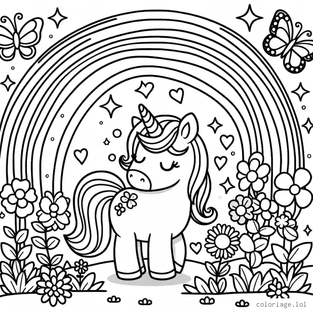 Dessine une licorne joyeuse sous un arc-en-ciel magique, entourée de jolies fleurs et de papillons colorés dans un royaume enchanté.