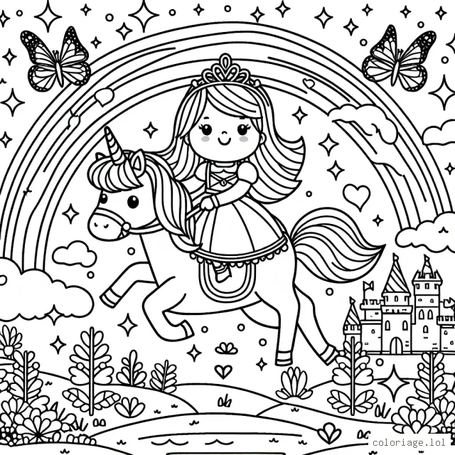 Une princesse chevauche un licorne magique qui survole un royaume enchanté, entourés de papillons étincelants et d'arcs-en-ciel brillants.
