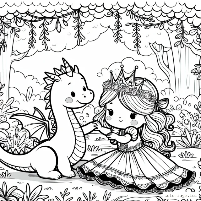 Une petite princesse jouant avec son fidèle dragon dans un jardin féerique.