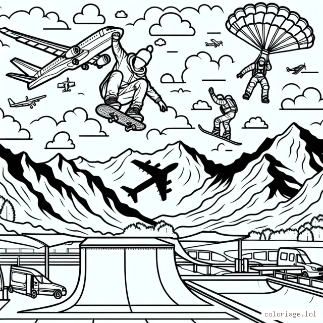 Dessine un skateboarder exécutant une figure acrobatique dans un immense skatepark, entouré par des avions faisant du Wingsuit à travers les nuages. Ajoute des montagnes recouvertes de neige comme arrière-plan où des snowborder freestyle descendent en effectuant des tricks impressionnants.