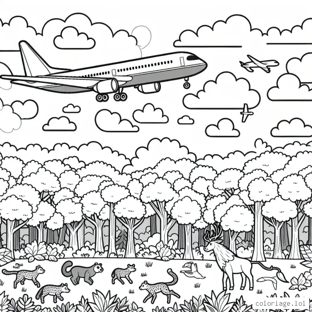 Dessine un avion de ligne passant au-dessus d'une forêt peuplée d'animaux sauvages, sous un ciel nuageux