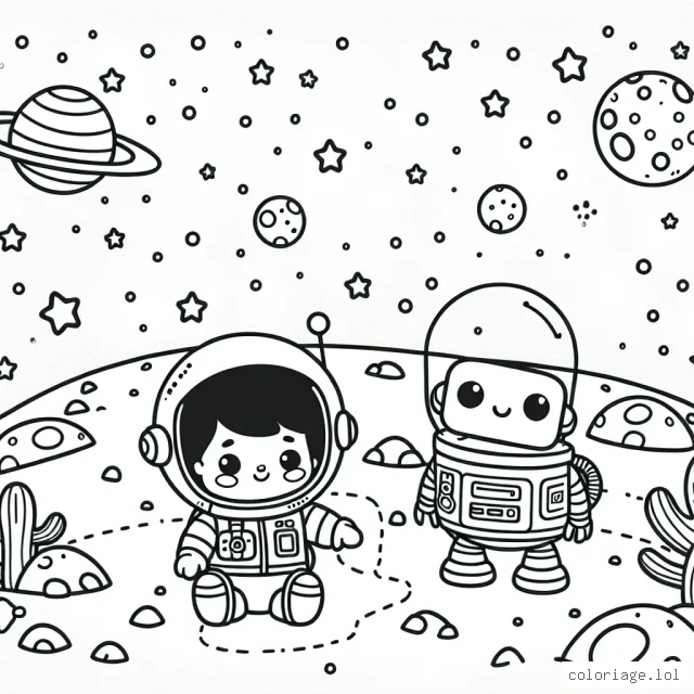 Voici une scène amusante d'un petit astronaute explorant l'espace avec un robot sympathique sur une planète éloignée.
