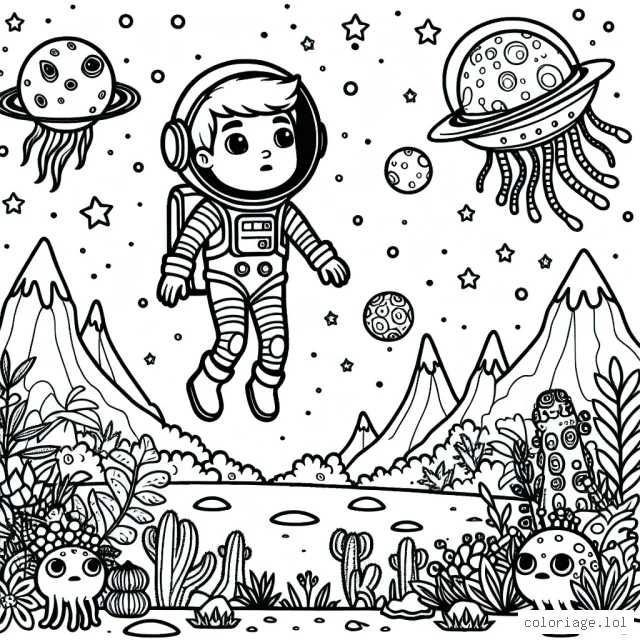 Un petit garçon astronaute atterrissant sur une planète très spéciale, avec des créatures inconnues, une flore étrange et des montagnes épiques.