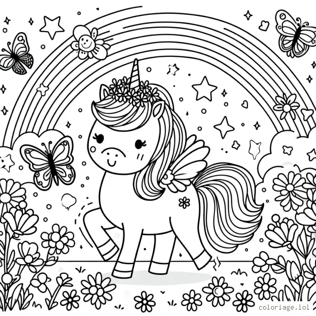 Dans un monde où les licornes dirigent un royaume arc-en-ciel, dessine une petite princesse licorne jouant avec ses amis les papillons colorés dans un champ de fleurs éblouissantes.