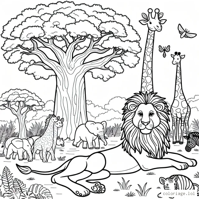 Imagine un paysage de la savane africaine avec un lion majestueux sous un baobab, entouré de girafes, zèbres, éléphants et autres animaux.