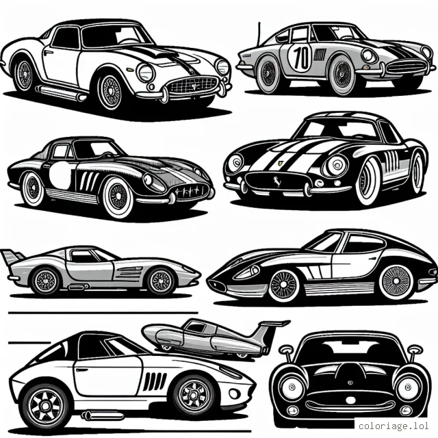 Crée une coloriage de voitures par marque allant des grands classiques tels que Ferrari, Porsche jusqu'aux marques modernes comme Tesla et Rimac.