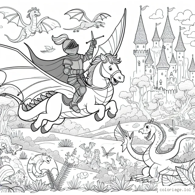 Dessine Martin le brave chevalier chevauchant son dragon domestique et volant au-dessus d'un royaume enchanté peuplé de créatures magiques.