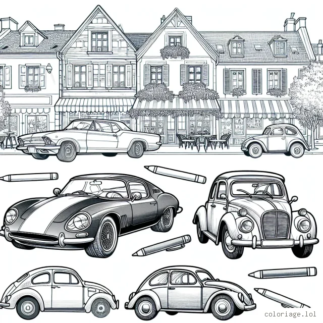 Dessine une rangée de voitures classiques de différentes époques garées près d'un café pittoresque sur une petite place de ville. Inclut différents styles de voitures : une voiture sportive des années 60, un gros 4x4 moderne, une ancienne voiture bonbonnière des années 50 et une voiture électrique de dernière génération. Assure-toi d'ajouter beaucoup de détails à ces voitures pour qu'elles soient différentes et uniques.