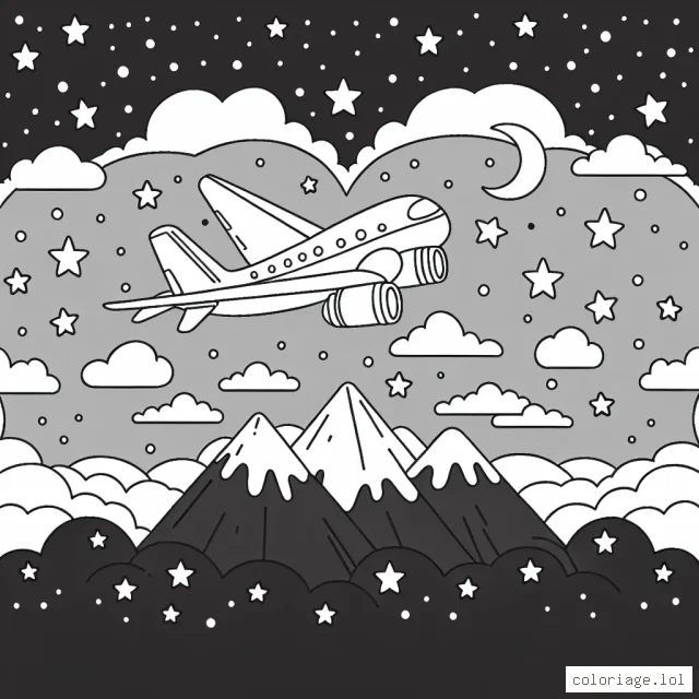 Un avion traversant le ciel étoilé avec des montagnes en arrière-plan. L'avion, le ciel et les montagnes sont entourés d'un cadre en forme de nuage.