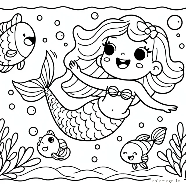 Une sirène joyeuse nageant avec ses amis les poissons
