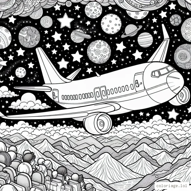 Dans ce dessin, il y a un grand avion en vol dans le ciel étoilé passant par-dessus de belles montagnes. De multiples passagers curieux sont à voir à travers les fenêtres, et le pilote est concentré dans le cockpit. Il y a beaucoup de détails à colorier, des ailes aux réacteurs, et des montagnes aux étoiles.