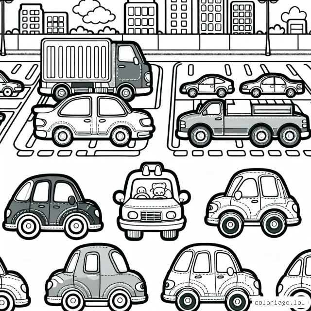 Des voitures de différentes marques sont garées dans un grand parking. Dessine et colorie chacune d'elles avec ses propres couleurs uniques.
