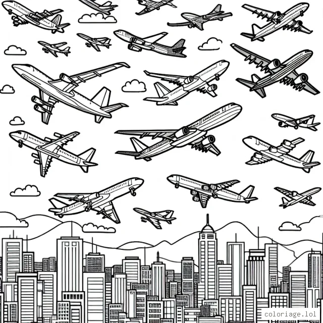 Imagine un ensemble d'avions volant au-dessus d'une ville animée. Il y a différents types d'avions : des avions de passagers, des avions de chasse et même quelques avions à réaction. N'oublie pas de colorier le ciel, la ville en dessous, et bien sûr, tous ces avions incroyables !