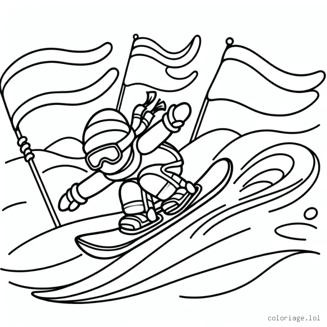 Dessine un snowboarder à pleine vitesse descendant une montagne avec des drapeaux de couleur.