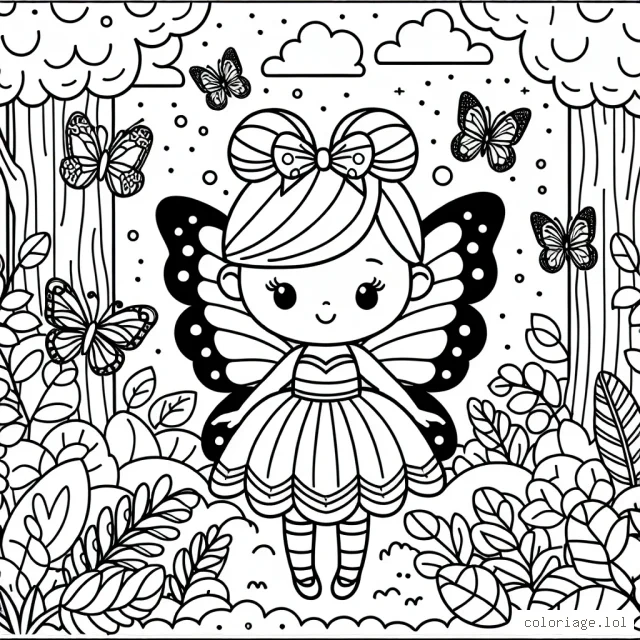 Une petite fée coquette avec de jolis papillons virevoltants autour d'elle dans une forêt enchantée