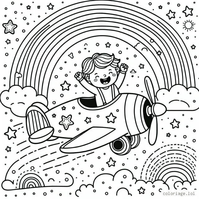 Un petit garçon vole joyeusement dans les airs à bord d’un avion miniature. L'avion est coloré et orné de motifs étoilés. Autour de l’avion, il y a de nombreux nuages et un sublime arc-en-ciel.