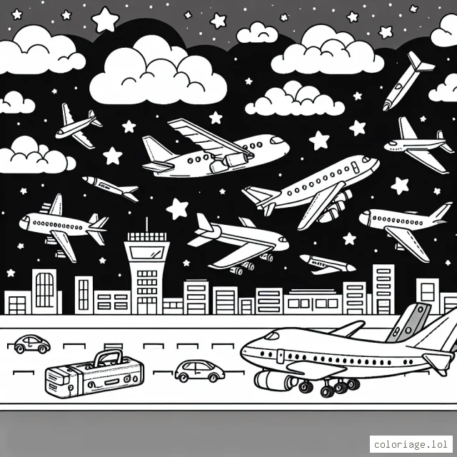 Une scène amusante du monde de l'aviation, avec différents types d'avions dans un ciel étoilé au-dessus d'un aéroport animé.