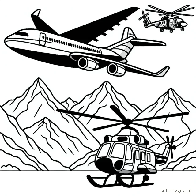 Un avion de passagers survolant des montagnes majestueuses, un hélicoptère de sauvetage en action et un jet de chasse ultra-rapide dans le ciel