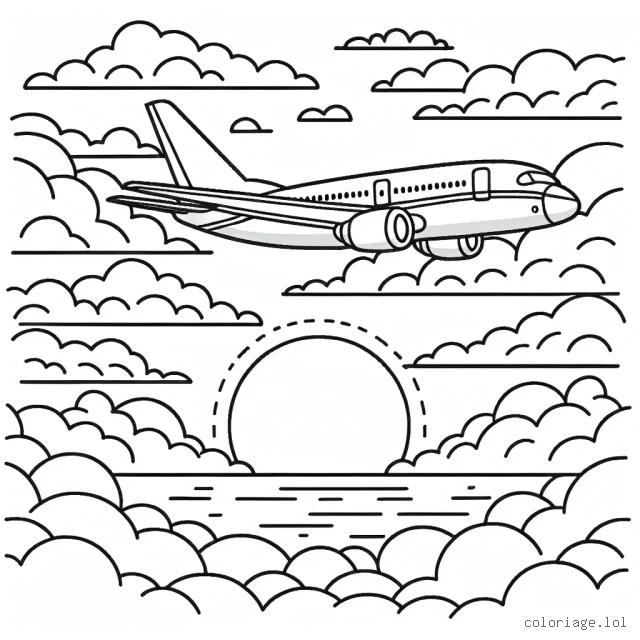Dessiner un avion de ligne commercial volant au-dessus des nuages, avec le soleil couchant en arrière-plan.