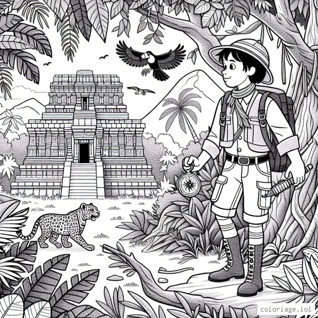 Sur cette scène de coloriage, un jeune explorateur bravement habillé se tient à l'entrée d'une épaisse jungle. Il tient dans sa main droite une boussole tandis que de sa main gauche, il écarte les feuilles épaisses des arbres. Au loin, on peut voir une ruine d'un ancien temple à moitié caché par le feuillage. Des animaux exotiques sont également dispersés dans la scène: un singe sur une branche, un toucan en vol et un léopard tapi dans l'ombre. La complexité est équilibrée pour permettre aux enfants de peindre sans se sentir dépassés.