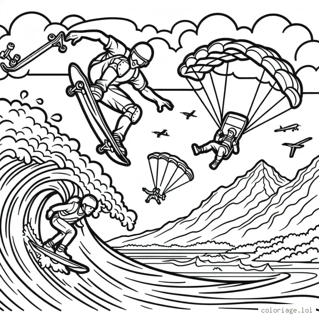 Dans ce dessin, il y a un skateur en plein vol montrant une spectaculaire figure appelée flip. Il y a aussi un parachutiste descendant rapidement du ciel et un surfer affrontant une énorme vague. L'arrière-plan montre une montagne avec un alpiniste escarpant.