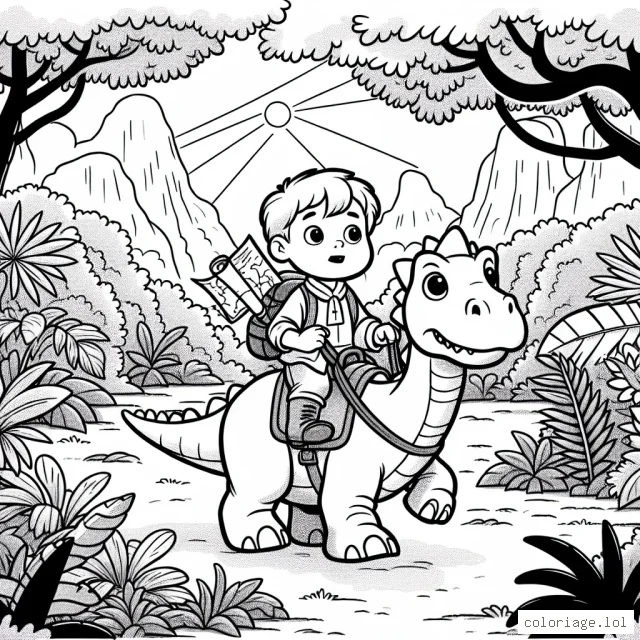 Un petit garçon courageux chevauche un dinosaure robuste à travers une jungle épaisse et mystérieuse, suivant une carte au trésor étincelante.
