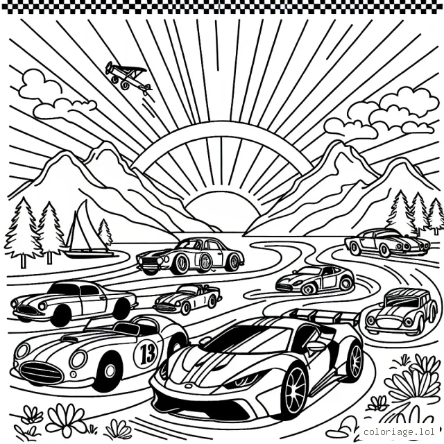 Dessine une course animée entre différentes voitures de sport modernes, classiques et de course. Incluez des montagnes lointaines, un soleil éclatant et des spectateurs joyeux dans le fond.