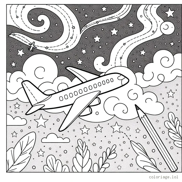 Dessine un bel avion en vol dans le ciel étoilé, puis colore-le avec tes plus belles teintes!